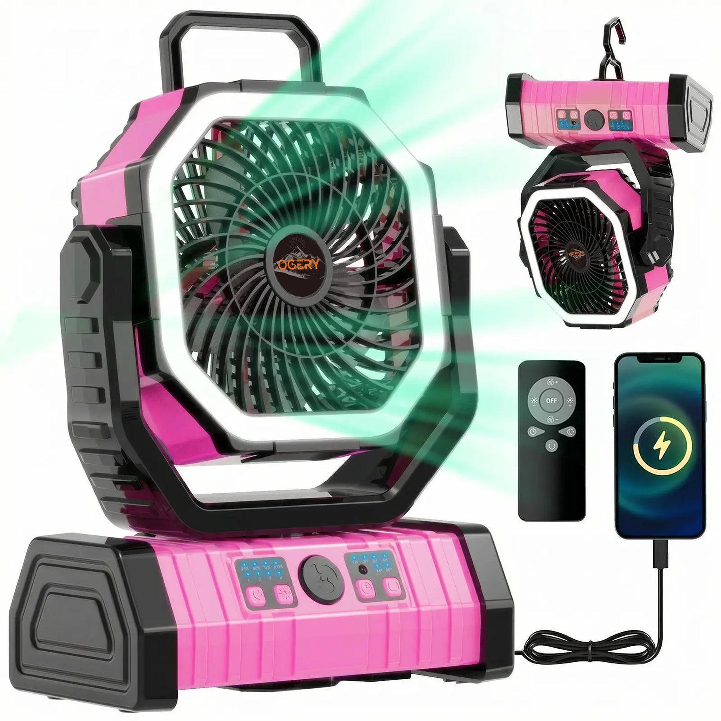 Rechargeable Camping Fan with LED Light, Portable Multi-functional Fan with 360° Rotating Hook, Oscillating Emergency Camping Fan Cordless Rotatable Battery Powered Lightweight summerwins
