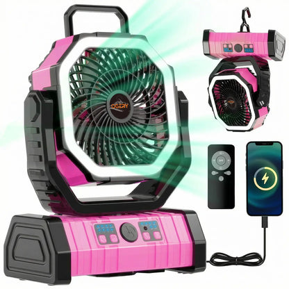 Rechargeable Camping Fan with LED Light, Portable Multi-functional Fan with 360° Rotating Hook, Oscillating Emergency Camping Fan Cordless Rotatable Battery Powered Lightweight summerwins
