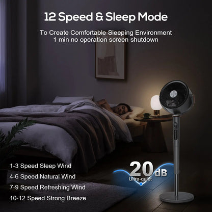 Large Fan for Bedroom, 120° Oscillating Standing Fan, 85ft Air Circulator With Remote, DC Motor Quiet Floor Fans, Adjustable Height, 12 Speeds, 5 Modes, 12H Timer