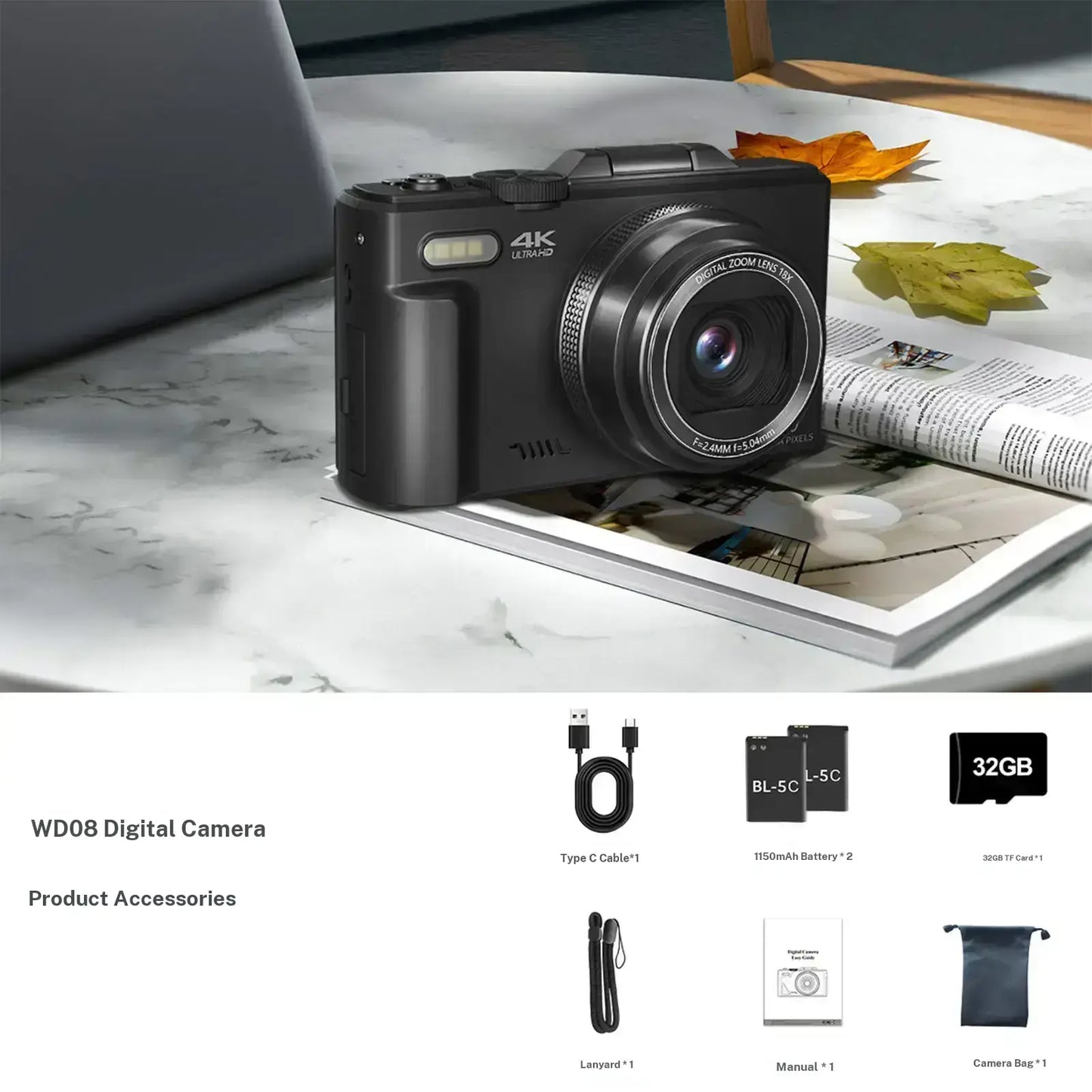 4K Digital Camera for Photography with 64MP, 3 Inch 180° Flip Screen, 18X Digital Zoom, 32GB Micro SD Card, 2 Batteries,