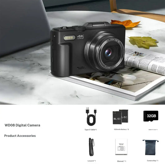 4K Digital Camera for Photography with 64MP, 3 Inch 180° Flip Screen, 18X Digital Zoom, 32GB Micro SD Card, 2 Batteries,