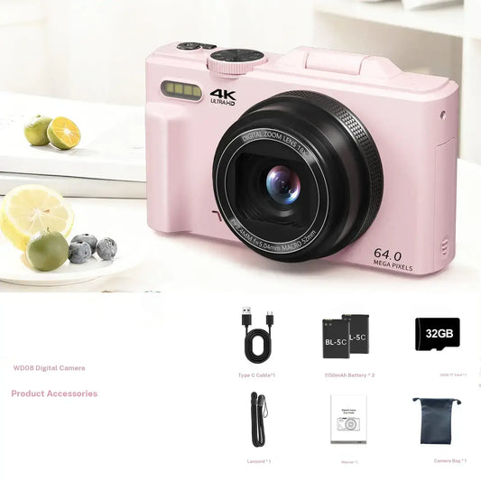 4K Digital Camera for Photography with 64MP, 3 Inch 180° Flip Screen, 18X Digital Zoom, 32GB Micro SD Card, 2 Batteries,
