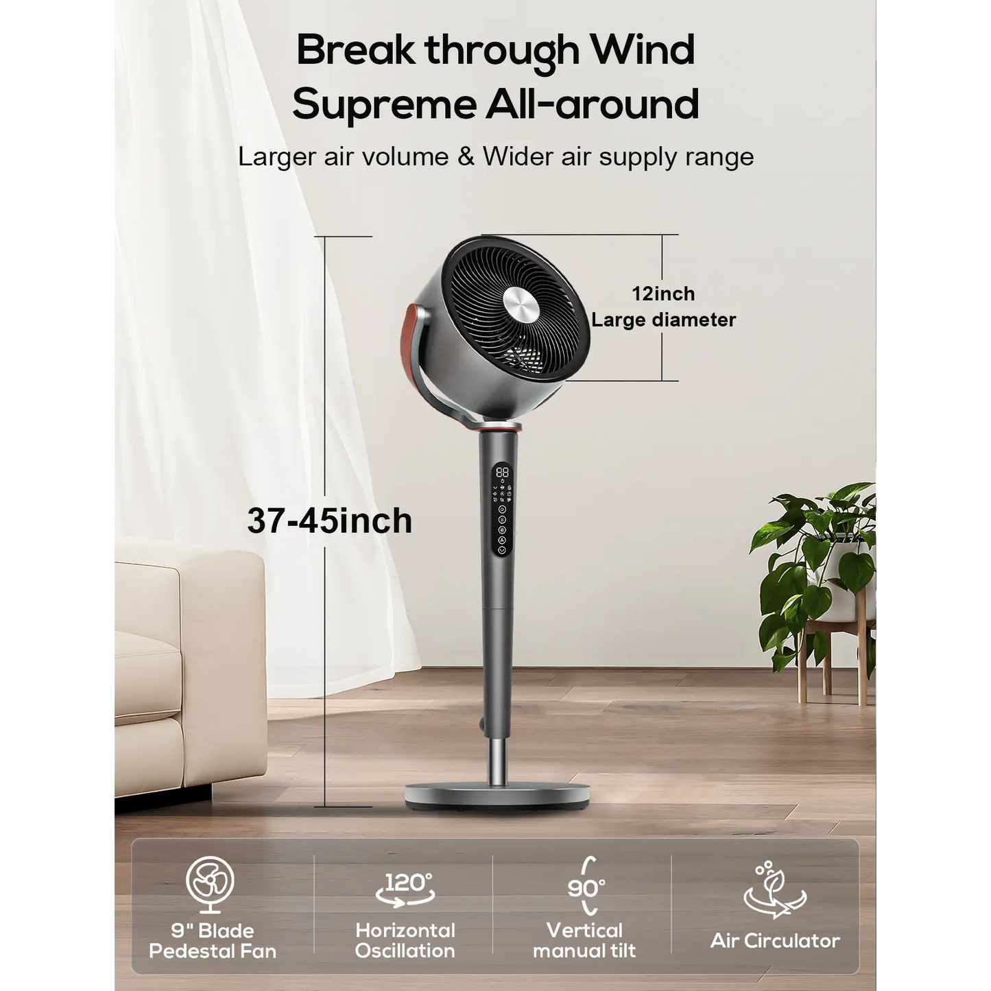 Large Fan for Bedroom, 120° Oscillating Standing Fan, 85ft Air Circulator With Remote, DC Motor Quiet Floor Fans, Adjustable Height, 12 Speeds, 5 Modes, 12H Timer