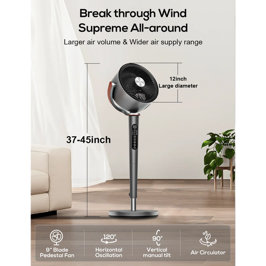 Large Fan for Bedroom, 120° Oscillating Standing Fan, 85ft Air Circulator With Remote, DC Motor Quiet Floor Fans, Adjustable Height, 12 Speeds, 5 Modes, 12H Timer