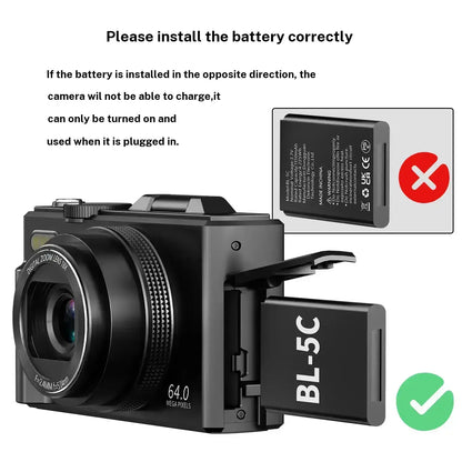 4K Digital Camera for Photography with 64MP, 3 Inch 180° Flip Screen, 18X Digital Zoom, 32GB Micro SD Card, 2 Batteries,